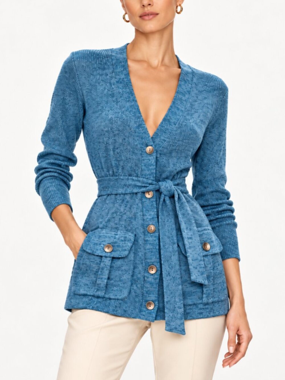 Diane Von Furstenberg VTG Longline Belted Cardigan Sweater Ribbed Teal Blue M